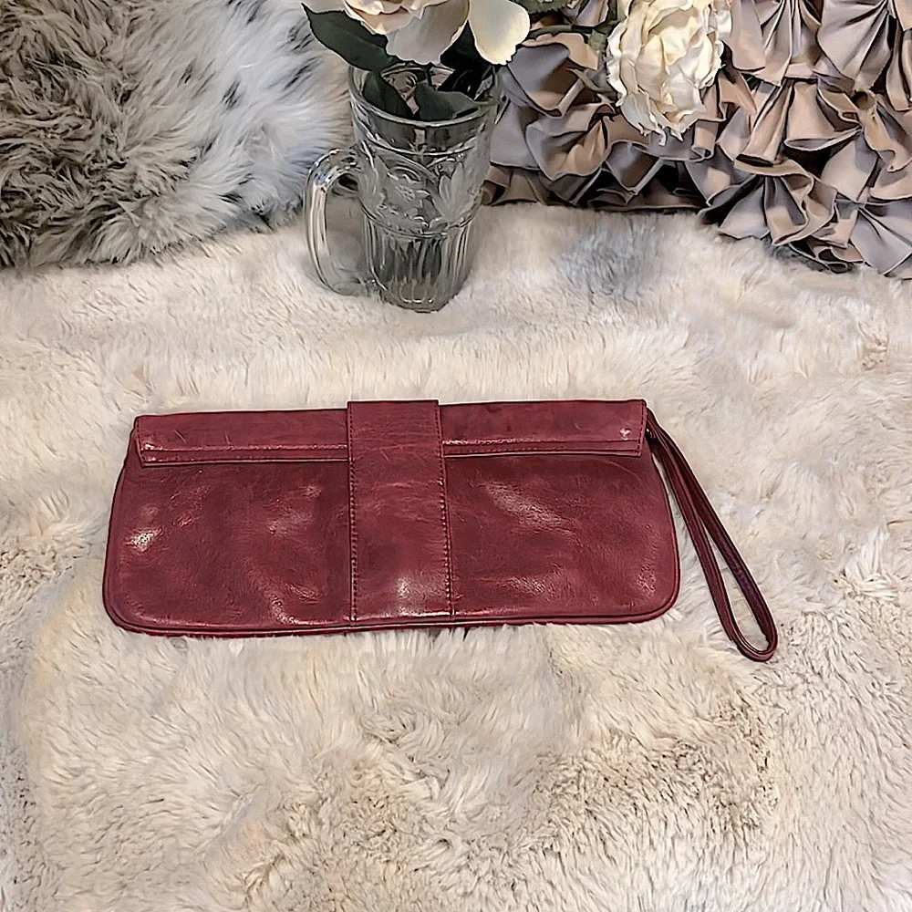 Hobo International Boho Burgundy Rust Distressed Leather Wristlet Clutch Bag